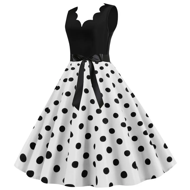Polka Dot Print Women Summer Dress Black Patchwork Sleeveless V Neck Elegant Vintage Party Casual Midi Dress
