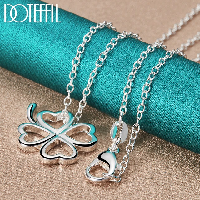 DOTEFFIL 925 Sterling Silver Four Leaves Clover Wisiorek Naszyjniki 16-30 Inch Łańcuch Dla Kobiety Urok Biżuteria Ślubna Zaręczynowa