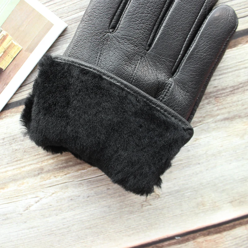 Men\'s new deerskin gloves large winter sheep shearing lining extra thick windproof and warm leather gloves