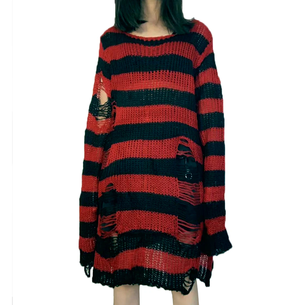 Plus Size Punk Gothic Long Unisex Sweater Dress Women Man Striped Cool Hollow Out Hole Broken Jumper Loose Rock Thin Sweter 2022