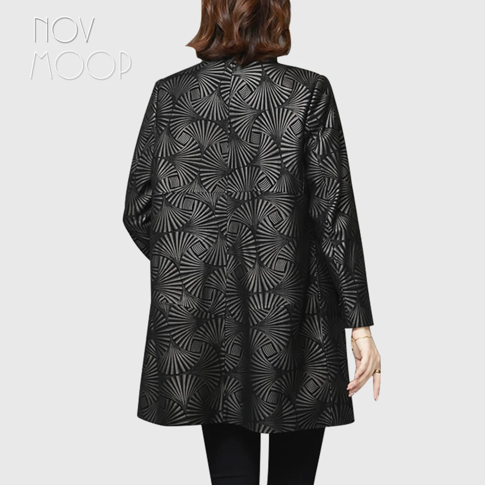 Novmoop المطبوعة جلد الغنم النساء معطف ل اليومية الرسمية خلع الملابس مروحة نمط Veste دي cuir LT3487