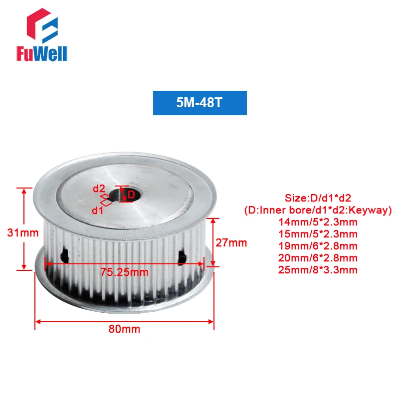 HTD5M-48T Timing Pulley 27mm Width Transmission Pulley Keyway Type 14/15/19/20/25mm Bore 48Teeth Aluminum Alloy Toothed Pulley