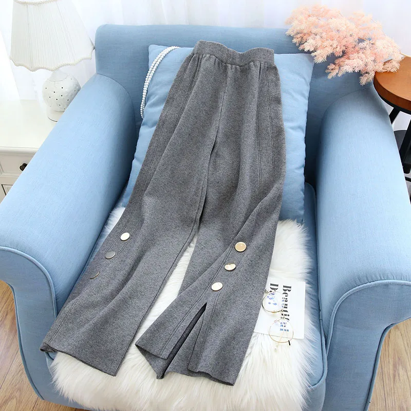 

Knitted wide-leg pants women's autumn and winter loose straight high waist drape 2020 new autumn black nine points casual pants