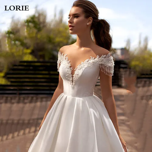 LORIE vestido de novia de princesa, traje de novia con apliques de encaje con cuentas, ilusión trasera, tren largo