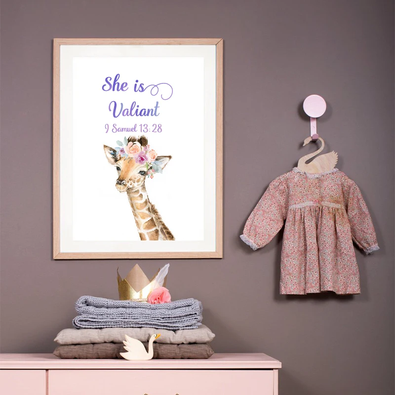 Baby Girl Nursery Bible Verse Quote Prints Wall Art Safari Animals Floral Christian Sign Canvas Painting Posters Baby Room Decor