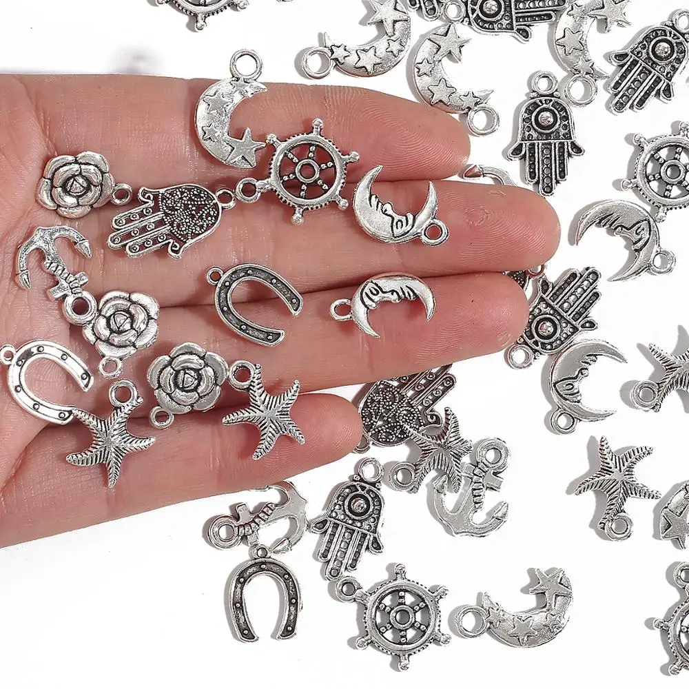 10-50pcs Silver Plated Mixed Styles Horseshoe Stars Moon Flower Charm Pendants for DIY Earring Necklace Bracelet Jewelry Making