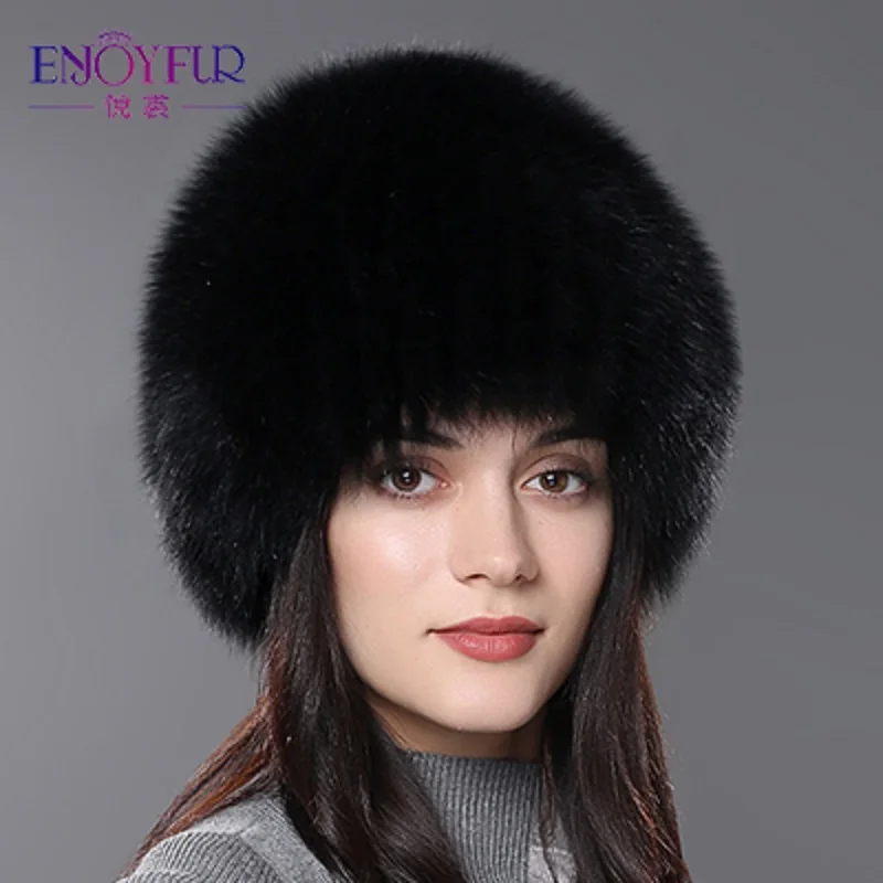 ENJOYFUR women winter fur hat genuine fox fur hats knitted silver fox fur caps female russian bomer caps