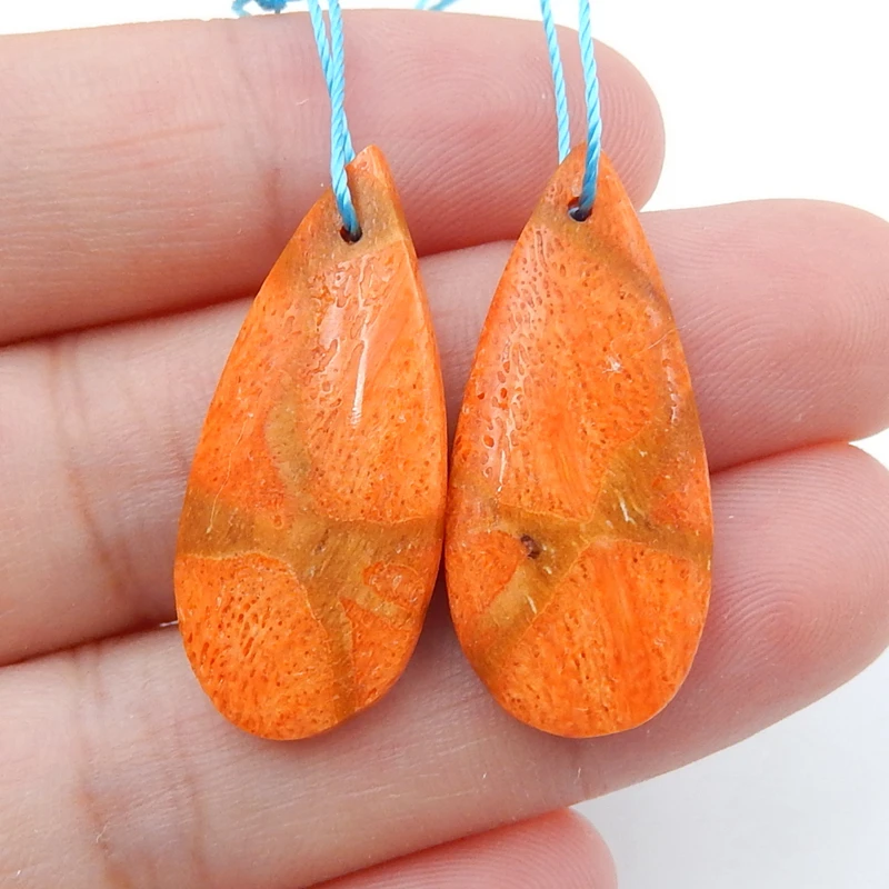 Natural Stone Orange Coral Semiprecious Earrings,Women Earrings For Fine Jewelry Making,28x13x4mm, 3.2g