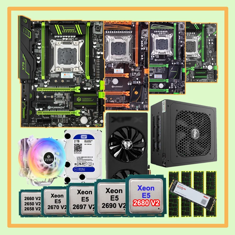 

HUANANZHI X79 Super Motherboard with Xeon CPU 2680 V2 RAM 64G(4*16G) 1866 RECC 512G SSD 2TB HDD Video Card RX6700XT 12G 600W PSU