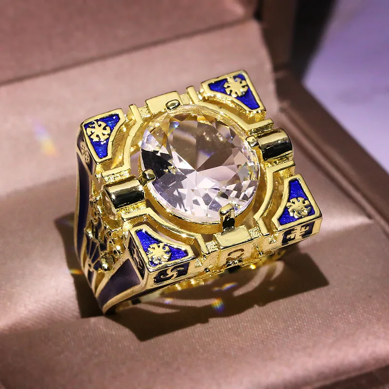 New S925 Enamel Blue Stripes Inlaid Attractive Ladies Jewelry Gift Vintage 18K Gold Men Exaggerated Natural Crystal Ring