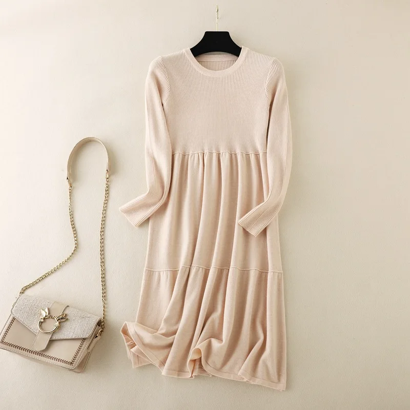 HLBCBG New Chic Long Knit Maxi Women Sweater Dress Thick Warm Winter Pleated Dress Female Rib O neck Dress A Line Office Lady