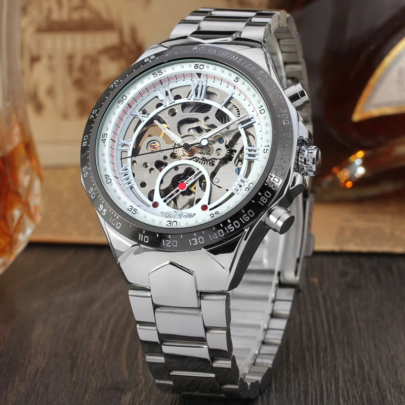 

T-Winner Top Brands Men Watch Mechanical Skeleton Flywheel Waterproof Stainless Steel Strap Fashion Sports Business Watches