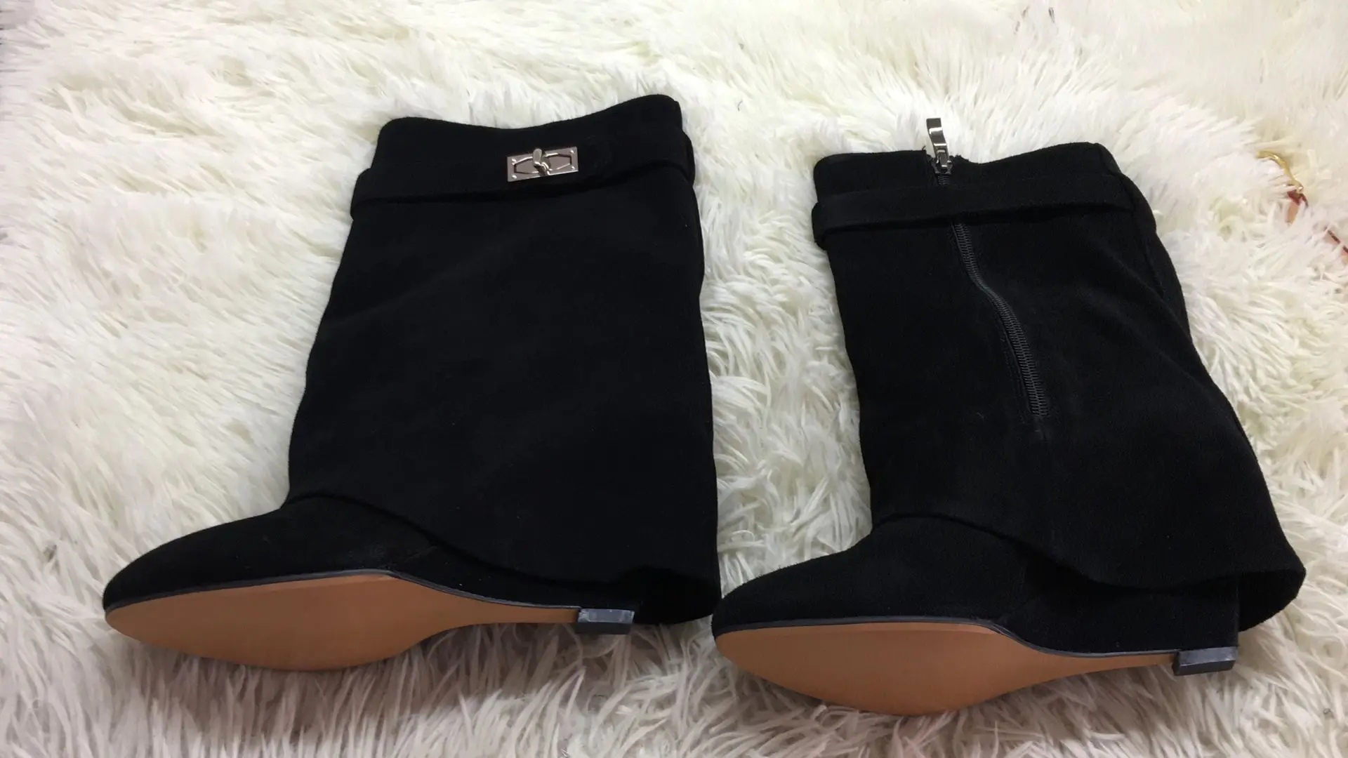 Beige Suede Shark Lock Boots Pointed Toe Height Increasing Women's Ankle Winter Runway Boots Size 10 Sexy Woman Ankle Boots