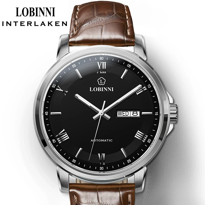 LOBINNI Luxury Genuine Leather Band Men Mechanical Watch Date Automatic Watches Sapphire Glass Waterproof 50M Men Watches