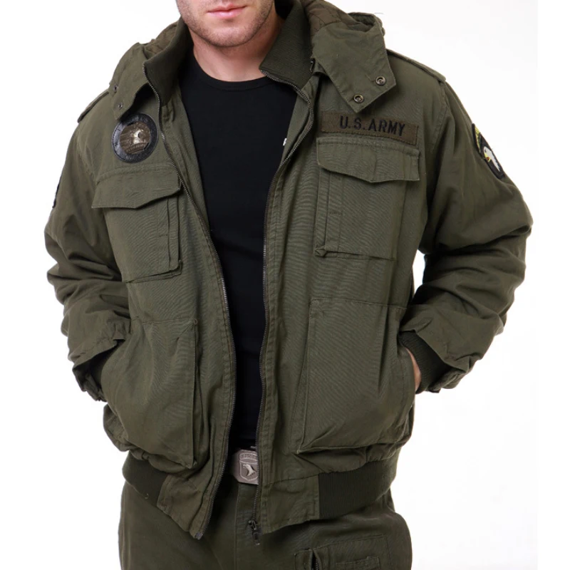 Outdoor Military Multi-pocket Flight Jacket Army Fan Padded Jacket Cotton Men\'s Hooded Short Jacket Winter Coat Men