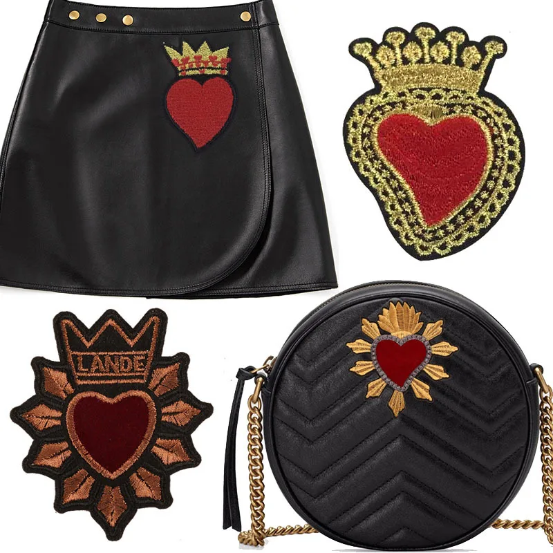 New Gold Crown Loving Red Heart Custom Love Embroidery Patches Iridescence Applique Sweet Shape Stickers Fashion Clothing DIY