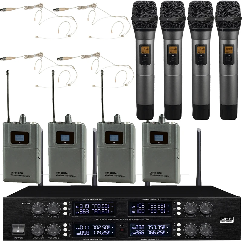 MiCWL Digital 8 Wireless Microphone 400 Channel 4 Beige Headset 4 Handheld Microphones System