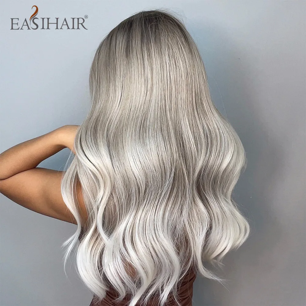 EASIHAIR Ombre Gray Ash Wavy Wigs with Bang Light Blonde Platinum Synthetic Long Hair for Women Daily Party Heat Resistant Fiber