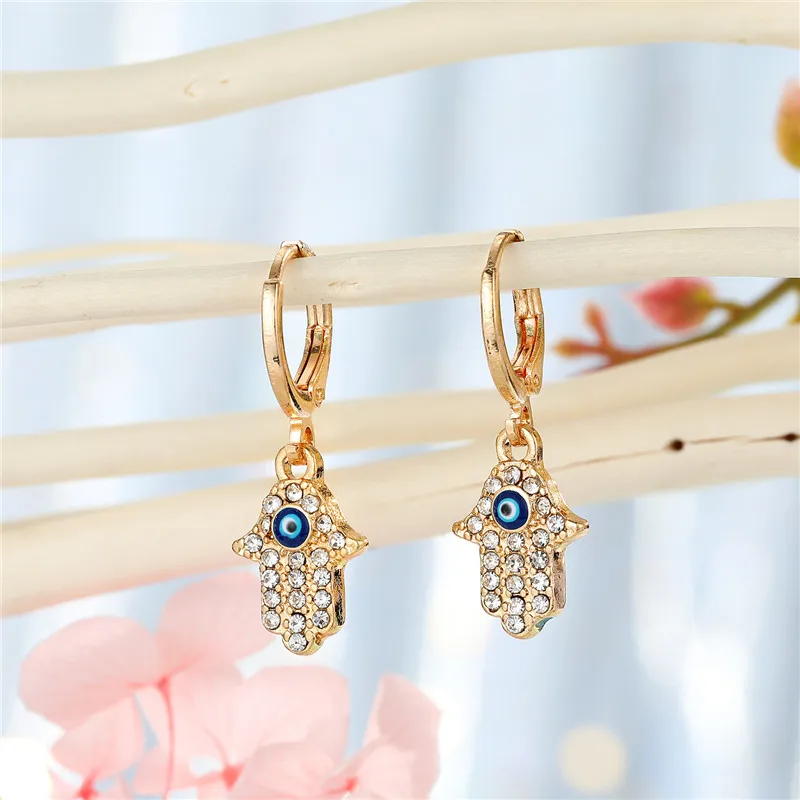 1Pair Rhinestone Evil Eye Fatima Hand Hoop Earrings Women For Gift Jewelry Metal Hollow Hand Eyelash Eye Small Circle Earrings