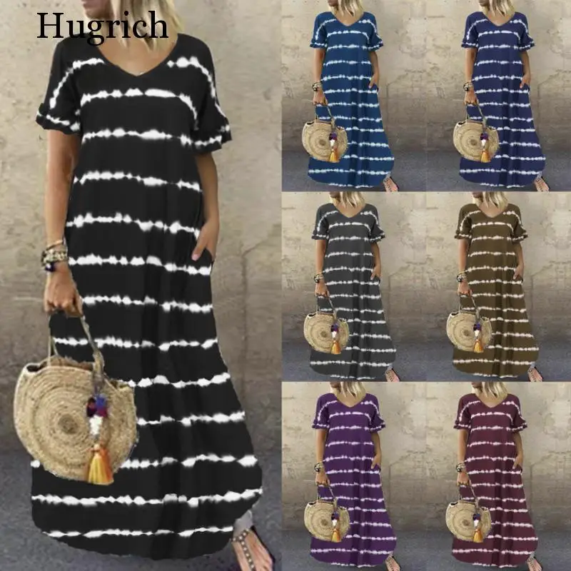 Summer New Fashion Casual Women's Dress V-neck Lotus Sleeve Striped Print Dress Large 2020