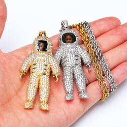 Hip Hop Full AAA CZ Stone Bling Iced Out Astronaut Photo Frame Memory Medallions Pendants Necklace for Men Rapper Jewelry