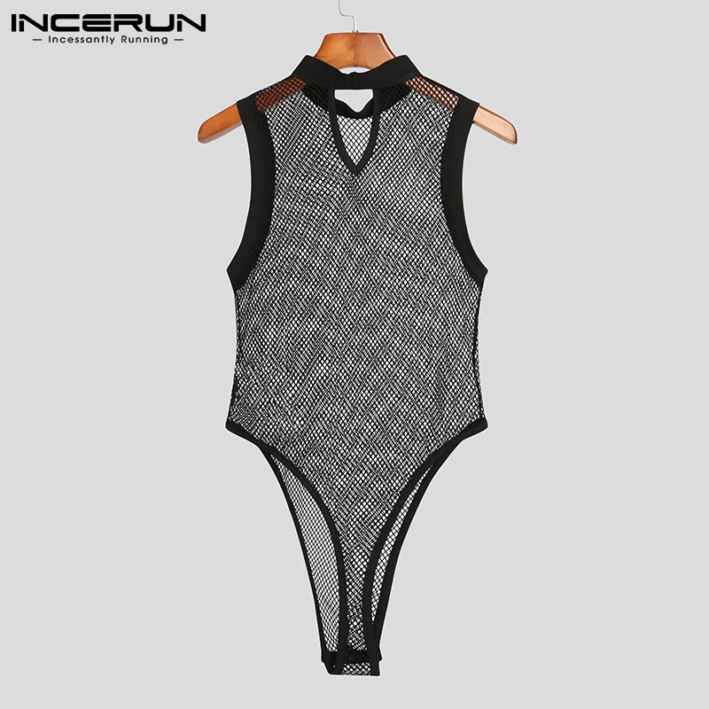 INCERUN 2023 Men Bodysuit Mesh Patchwork See Through Sexy Sleeveless Thin Rompers Underwear Skinny Fashion Male Bodysuits S-5XL