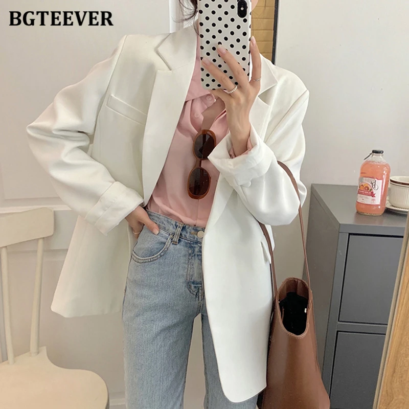 BGTEEVER ฤดูใบไม้ผลิใหม่ฤดูใบไม้ร่วงหลวมเสื้อผู้หญิง Blazer Casual Notched คอยาวแขนยาวหญิงเสื้อ2021สุภาพสตรีเสื้อสูท