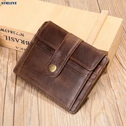 Cartera de cuero genuino 100% para hombre, monedero Vintage corto, pequeño y delgado, tarjetero con bolsillo para monedas