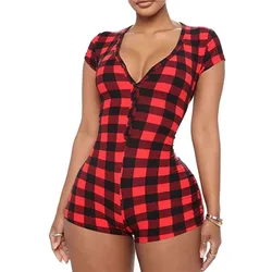 CHRONSTYLE Women Plaid Playsuit Sleepwear Camouflage Print Sexy V-neck Slim Playsuit One-piece Bodycon Buttons Up Short Jumpsuit