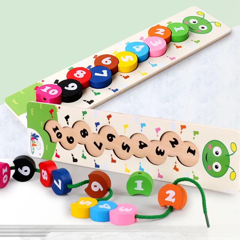 

caterpillar toy thread wooden number blocks 1 to 10 Montessori Mathe ducational toys for children Baby Stringing Digital Bead