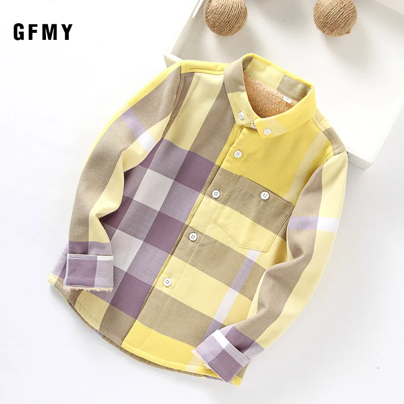 

GFMY 2019 Winter 100% Cotton Full Sleeve Fashion Plus velvet Plaid Boys Shirt 3T-12T Casual Big Kid Clothes Can Be a Coat