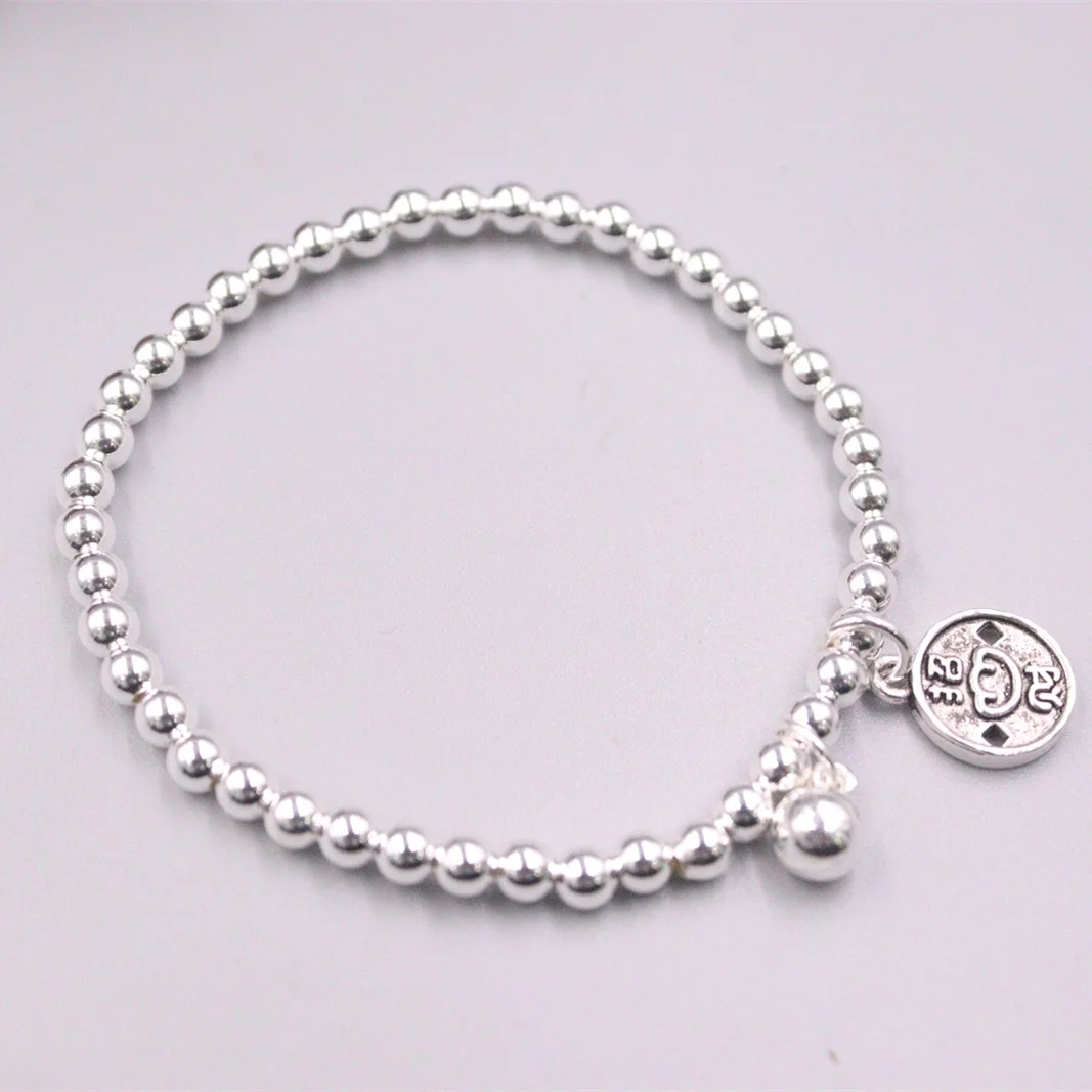 New Pure 925 Sterling Silver 4mmW Bead with Round Coin Charm Bracelet for Woman 6-8g