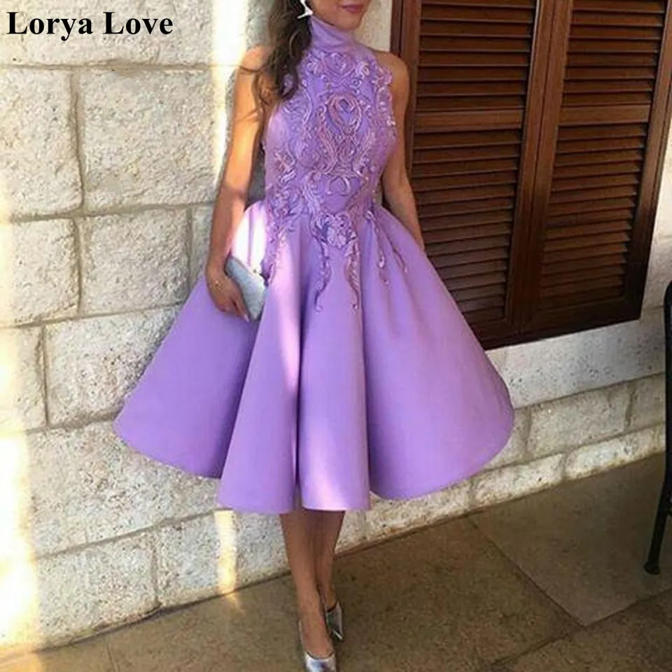 Elegante Breve Maxi Abiti Da Ballo 2020 donne Formale Del Partito di Notte Sexy Lavanda Alppliques Pizzo Abiti di Estate del Raso Abito Da Sera