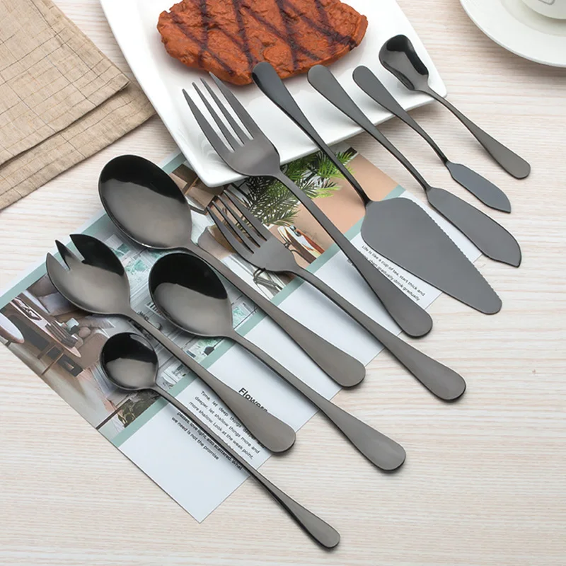 Dinnerware Set 304 Stainless Steel Black Cutlery Set Tableware Serving Fish Knife Cake Salad Fork Sugar Spoon Silverware Set 1pc