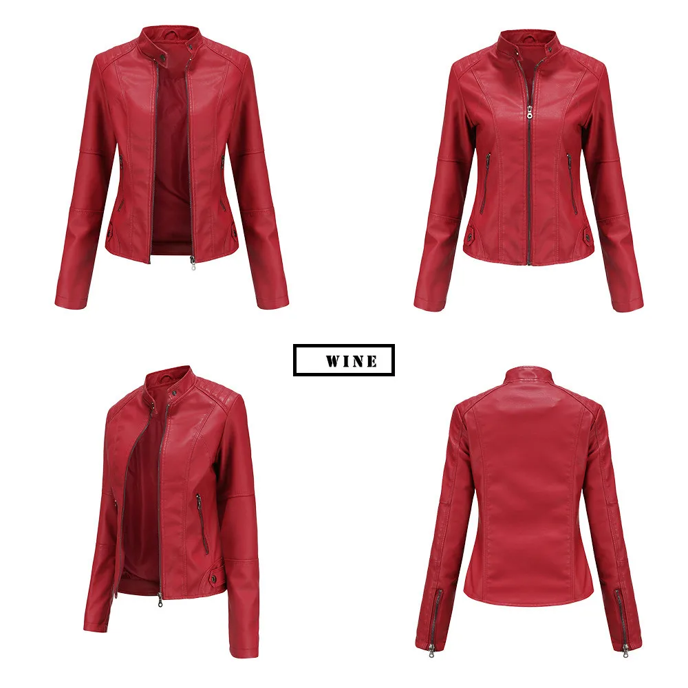 Women Leather Jacket Autumn Thin Ladies Motorcycle Jacket PU Leather Jacket Stand Collar Female Black Faux Leather Outwear