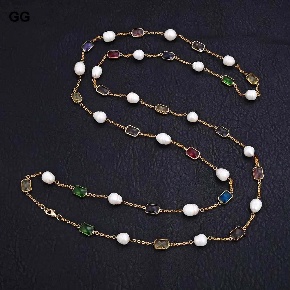 G-G Natural Pearl  64\'\' Natural White Rice Pearl Crystal Gold Color Plated Chain Long Necklace For Women