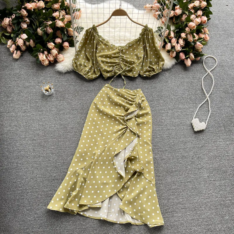 Polka Dot Slash Neck Mid-Calf Elegant Fashion Two Piece Skirt Patchwork Short Puff Sleeve Dress Clothing Sets Women's Suit