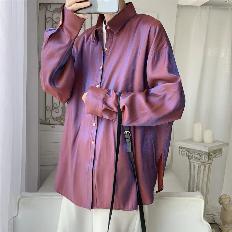 

Spring autumn breathable rainbow color holographic reflective men shirts oversize blouse street wear sexy sunprotective clothing