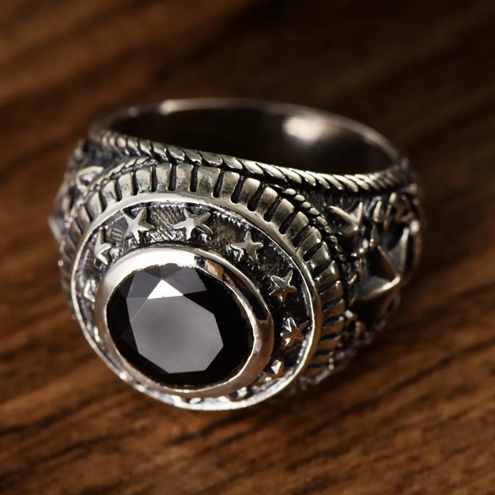 BOCAI-Anillo de plata pura S925 para hombre, joyería de estilo étnico, estrella de cinco puntas, Paz y Libertad, Ágata negra, venta al por mayor