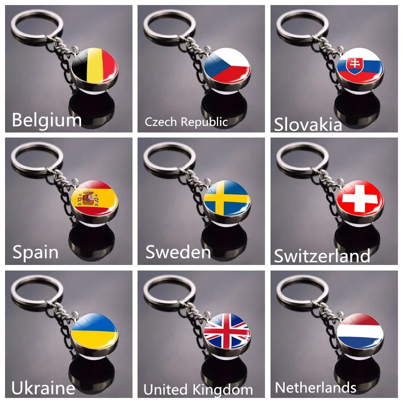 Europe National Flag Keychain France Italy Spain Poland Netherlands Russia Finland Country Flag Keyrings Glass Cabochon Jewelry