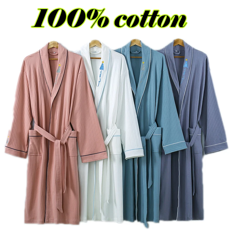 

Home Dressing Gown Cotton plain color bathrobes embroidery Robe Unisex long-sleeve Sleepwear water absorption bathrobe pijamas