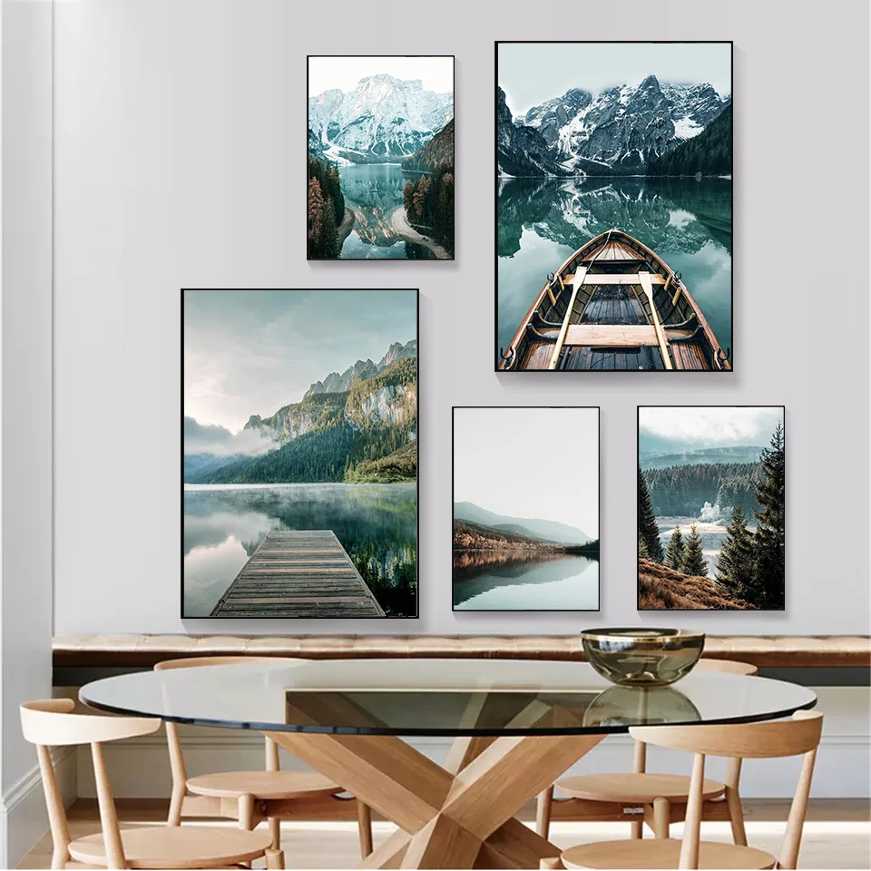 Scandinavian Nature Landscape Wall Art Poster Mountain Lake Boat Nordic Canvas Painting Print Pictures Modern Home Decor