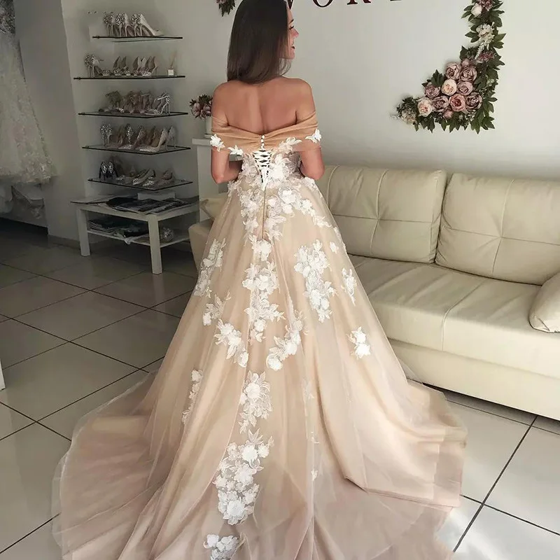 MYYBLE-vestido de novia Formal de corte en A, tul champán, sin tirantes, apliques de marfil, hombros descubiertos, cola, 2021