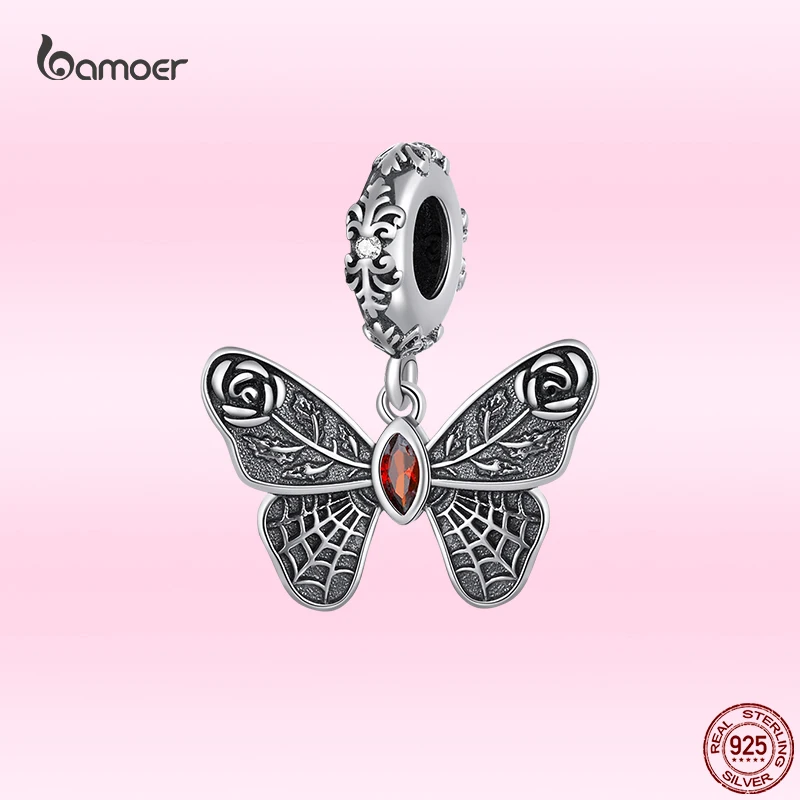 Bamoer 925 Sterling Silver Vintage Butterfly Pendant Luxury Red Zircon Charm Original DIY Bracelet Bangle Necklace Jewelry Gifts