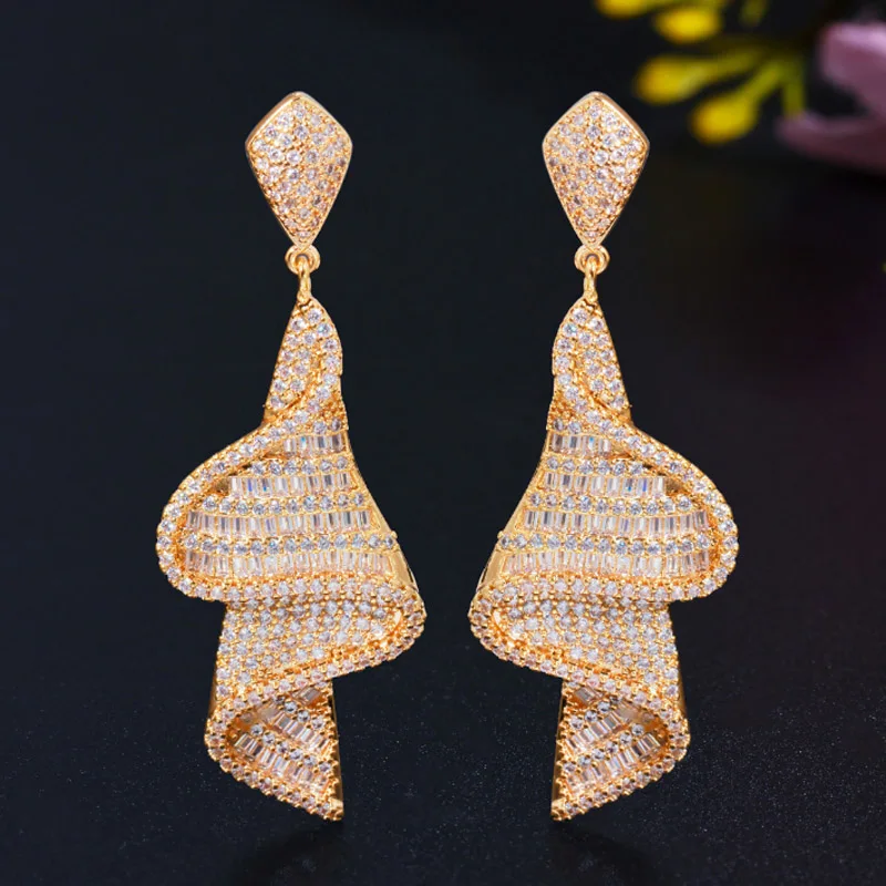 

Zlxgirl jewelry White Cubic Zirconia Big Long Drop Earrings for Women Dubai Gold Color Bridal Jewelry fashion women earring ear