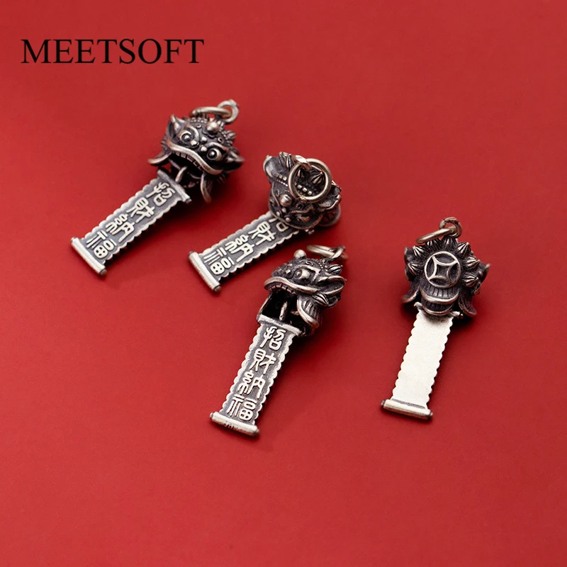 MEETSOFT Genuine 999 Pure Silver Retro Printed Lion Head Pendant Charms of DIY Handmade Making Supplies Accessories Wholesale