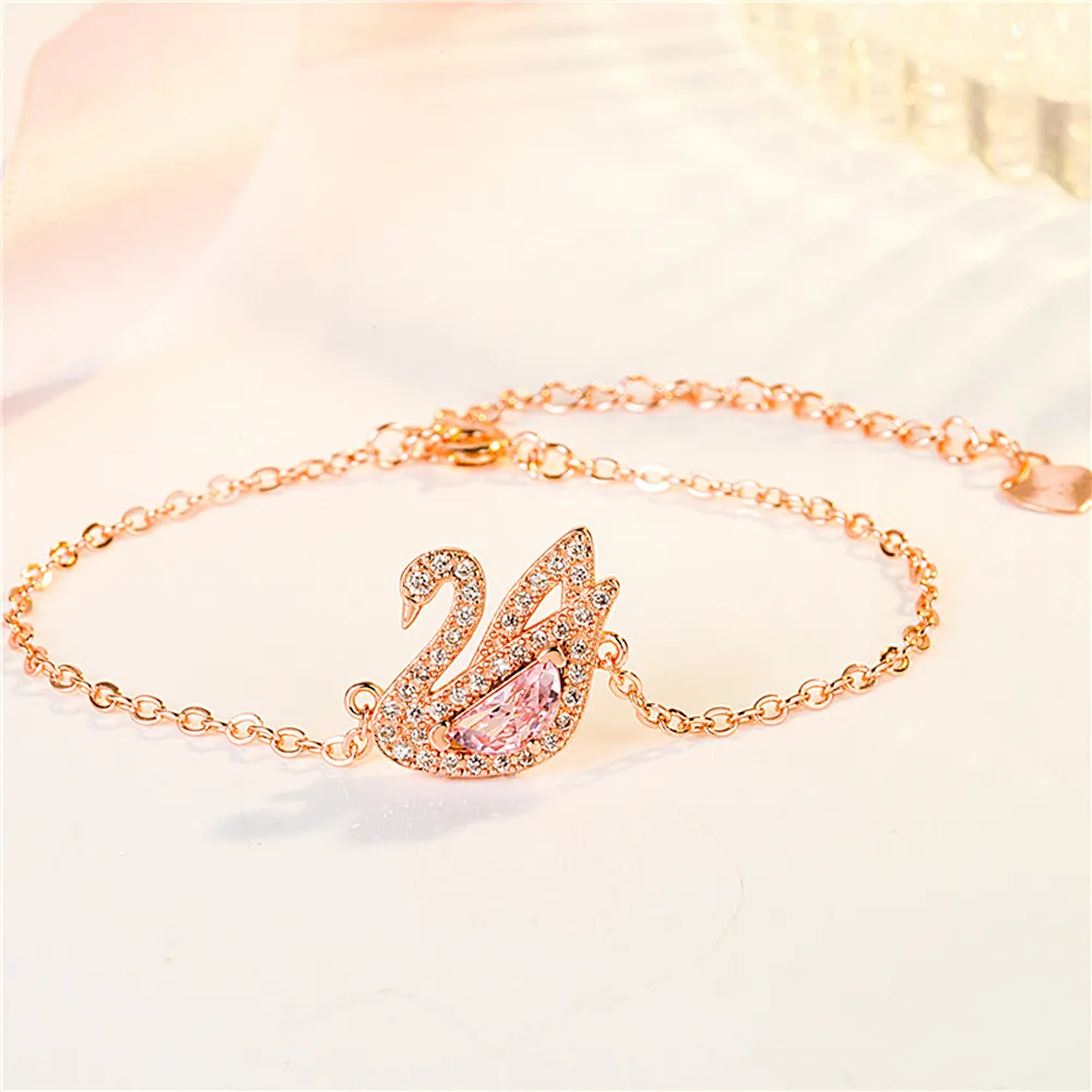 Chic Swan Pink Crystal Zircon Diamond Gemstones Chain Bracelets for Women White Rose Gold Color Jewelry Trendy Gift Dropshipping