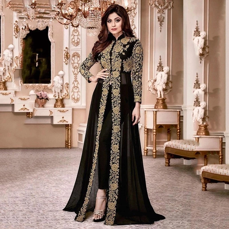 

Black Moroccan Kaftan Caftan Muslim Evening Dresses A-line Long Sleeves Chiffon Appliques Dubai Arabic Turkey Abaya Islamic Gown