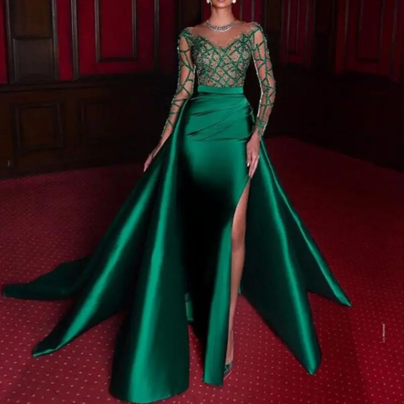 Elegant Mermaid Avondjurken 2022 Emerald Green Formele Jurk Volledige Lange Mouwen Satin Sexy Slit Parels Kralen Party Prom Jassen