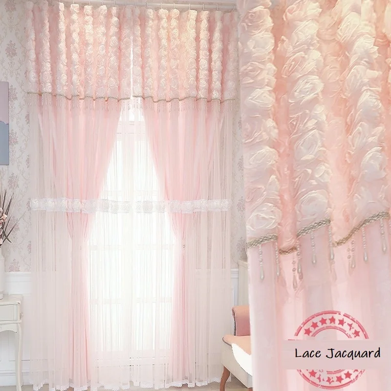 

New Pastoral Korean Pink Lace 3D Rose Curtains Princess Style Double Layer Blackout Curtains for Girl's Bedroom Living Room